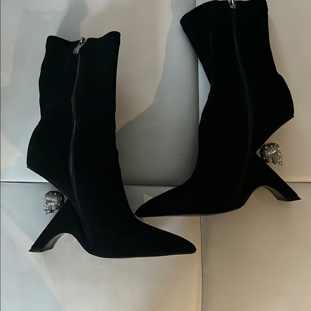 Chic Black Heeled Boots with Crystal Detail